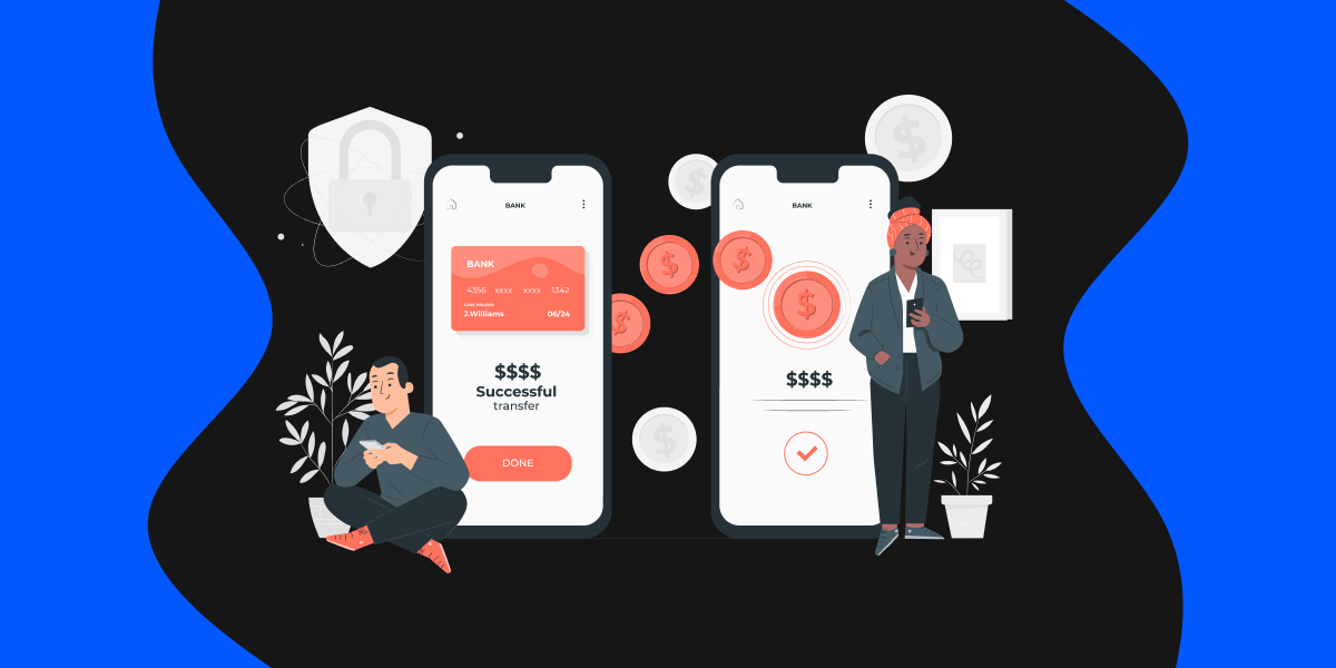 Illustration of two mobile phones with payment app displayed on screens and illustration of a man and woman using their phones. featured_image